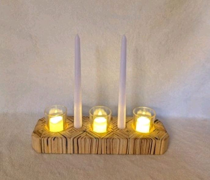 Hand crafted wooden candle holder, holds 3 votive candles and 2 candle sticks.