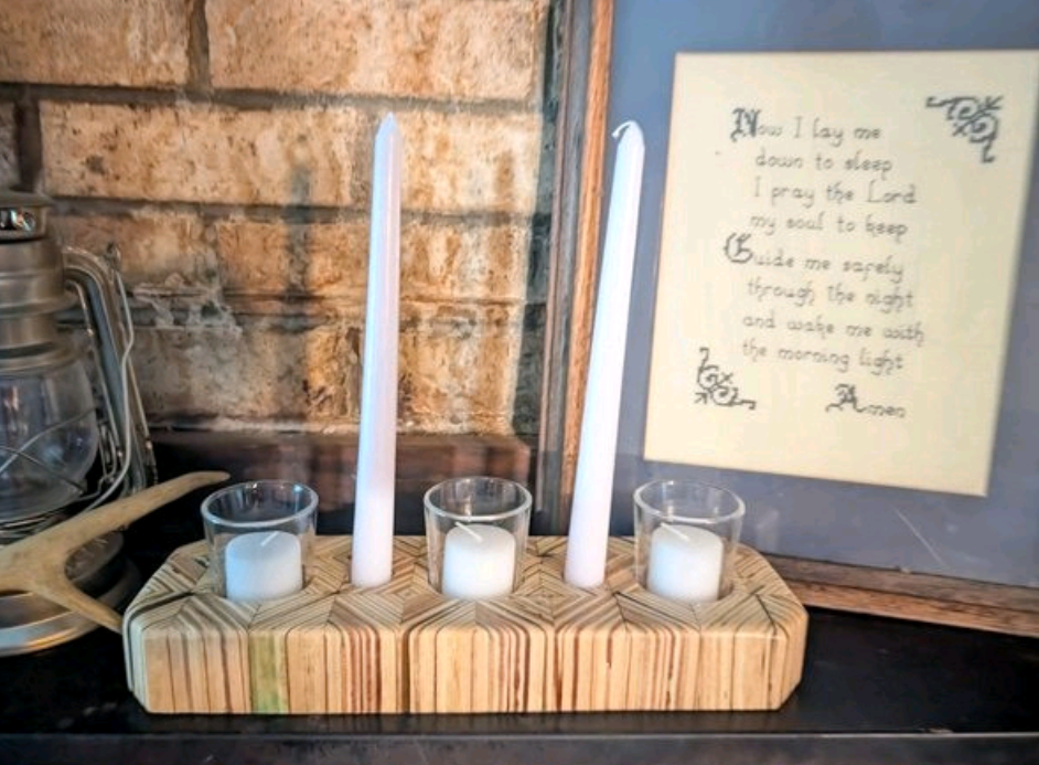 Hand crafted wooden candle holder, holds 3 votive candles and 2 candle sticks.