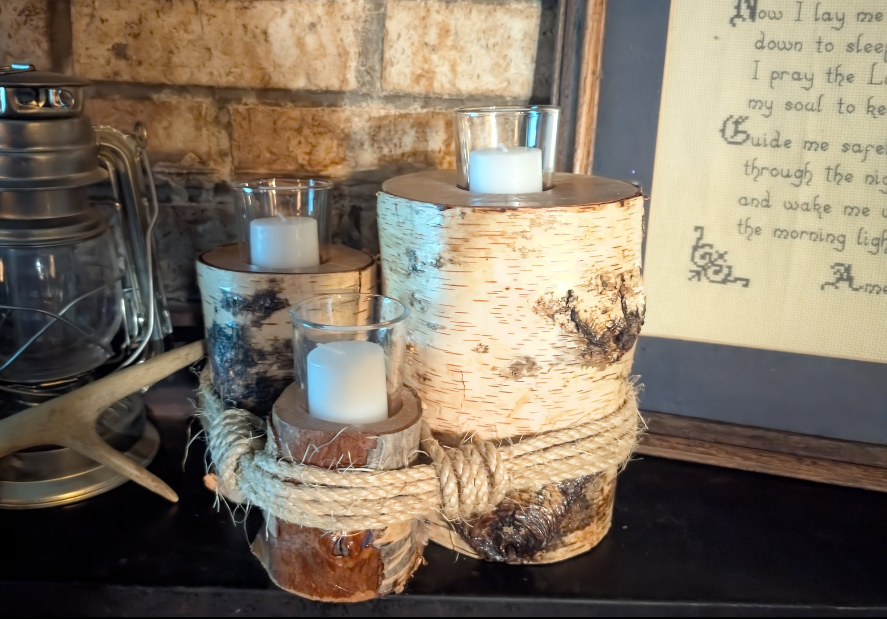 Hand crafted rustic farmhouse 3 tier log votive candle holder.