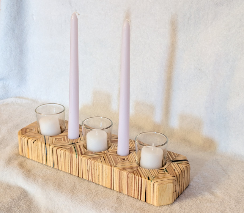 Hand crafted wooden candle holder, holds 3 votive candles and 2 candle sticks.