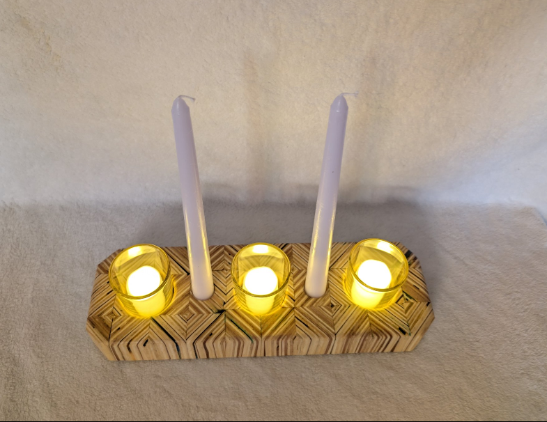 Hand crafted wooden candle holder, holds 3 votive candles and 2 candle sticks.