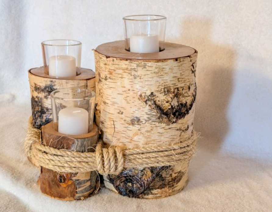 Hand crafted rustic farmhouse 3 tier log votive candle holder.