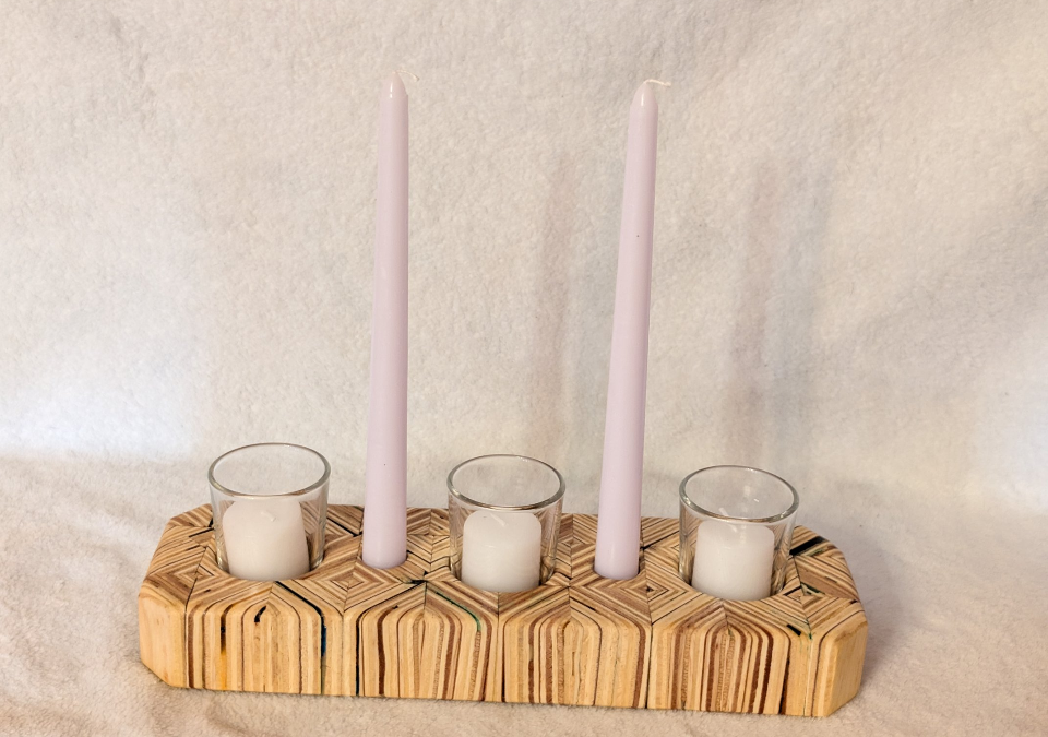 Hand crafted wooden candle holder, holds 3 votive candles and 2 candle sticks.
