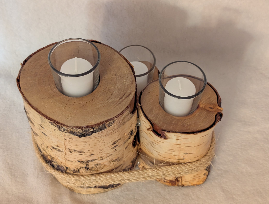 Hand crafted rustic farmhouse 3 tier log votive candle holder.