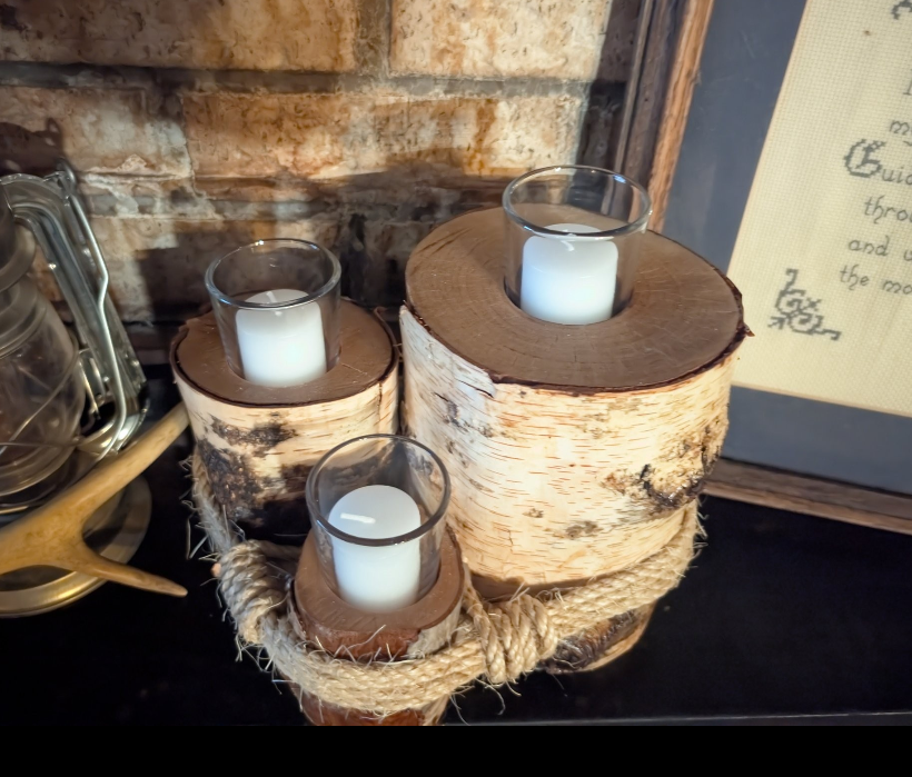 Hand crafted rustic farmhouse 3 tier log votive candle holder.
