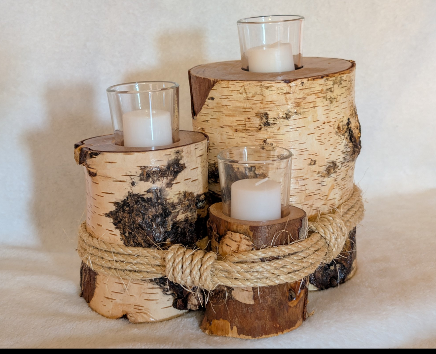 Hand crafted rustic farmhouse 3 tier log votive candle holder.
