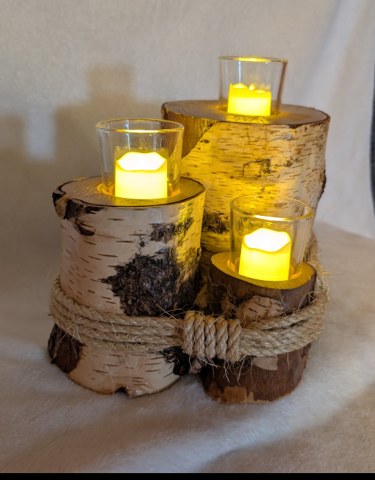 Hand crafted rustic farmhouse 3 tier log votive candle holder.