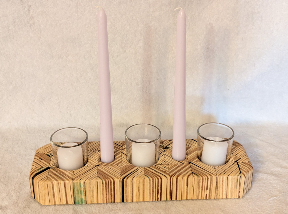 Hand crafted wooden candle holder, holds 3 votive candles and 2 candle sticks.