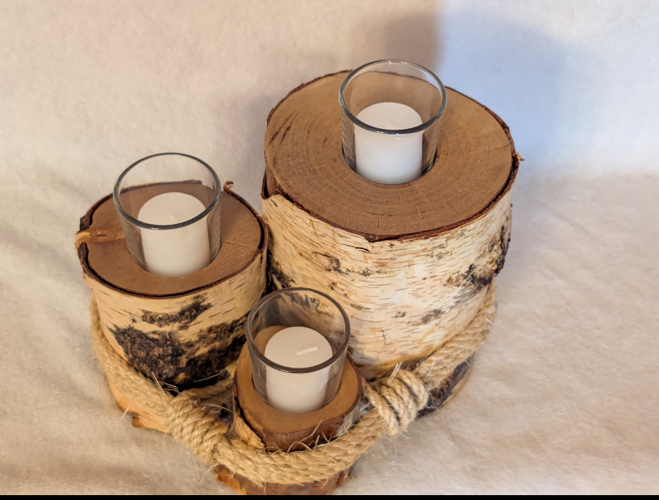 Hand crafted rustic farmhouse 3 tier log votive candle holder.
