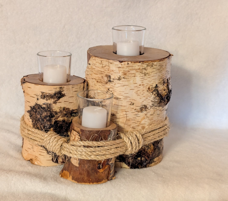 Hand crafted rustic farmhouse 3 tier log votive candle holder.