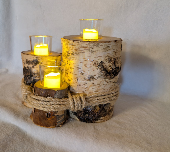 Hand crafted rustic farmhouse 3 tier log votive candle holder.