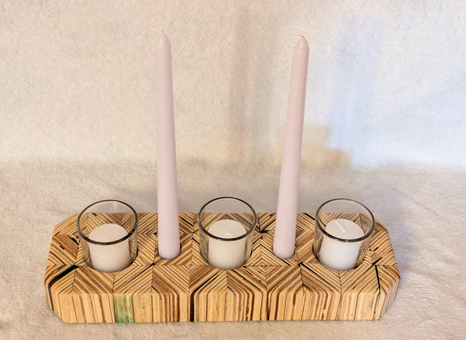 Hand crafted wooden candle holder, holds 3 votive candles and 2 candle sticks.
