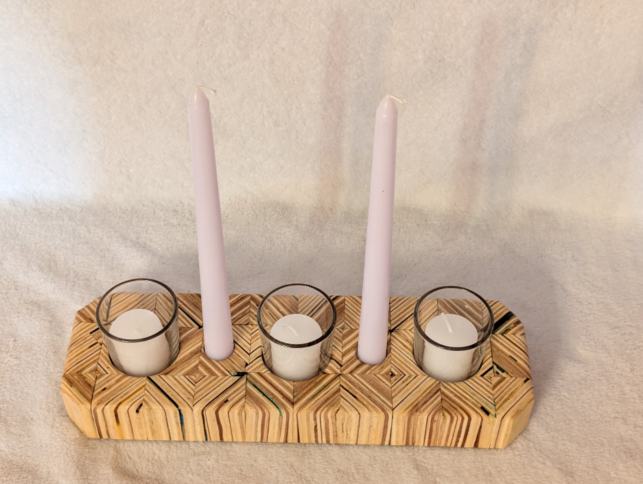 Hand crafted wooden candle holder, holds 3 votive candles and 2 candle sticks.