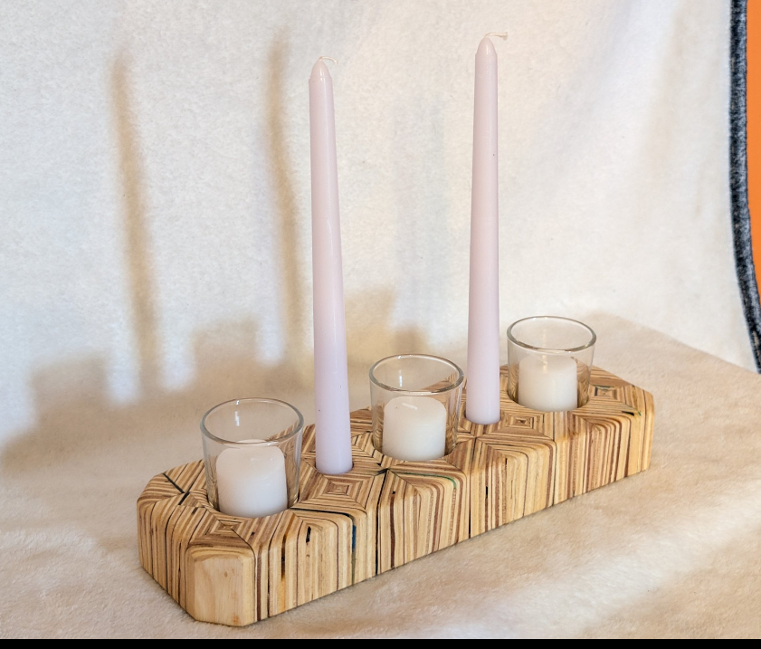Hand crafted wooden candle holder, holds 3 votive candles and 2 candle sticks.