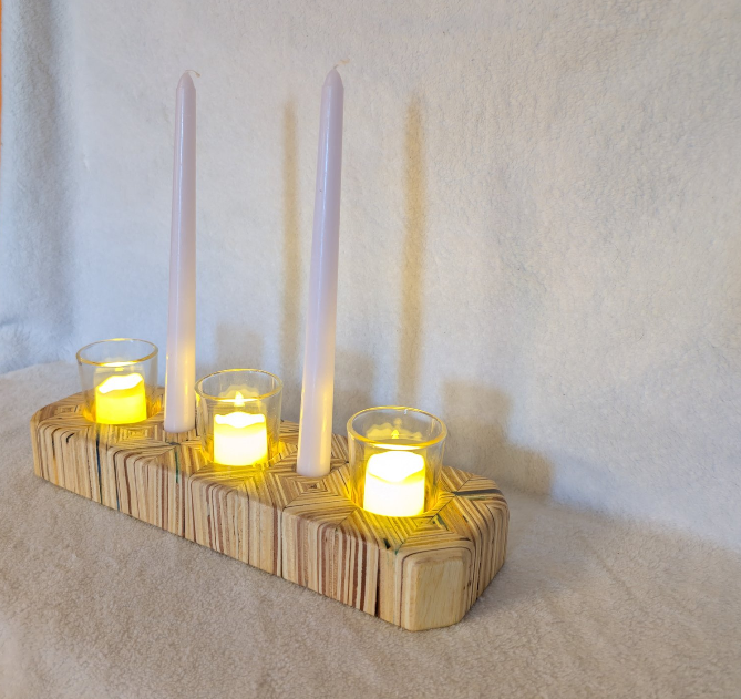 Hand crafted wooden candle holder, holds 3 votive candles and 2 candle sticks.