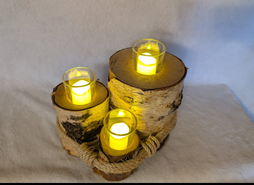 Hand crafted rustic farmhouse 3 tier log votive candle holder.
