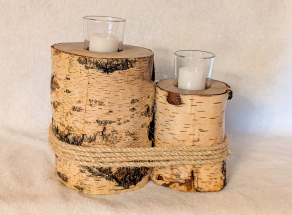 Hand crafted rustic farmhouse 3 tier log votive candle holder.