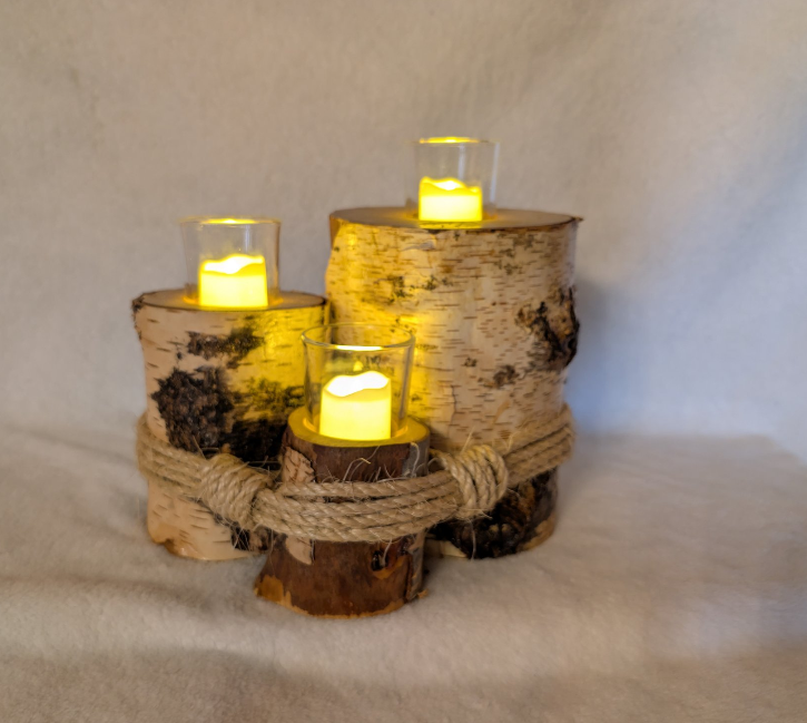 Hand crafted rustic farmhouse 3 tier log votive candle holder.