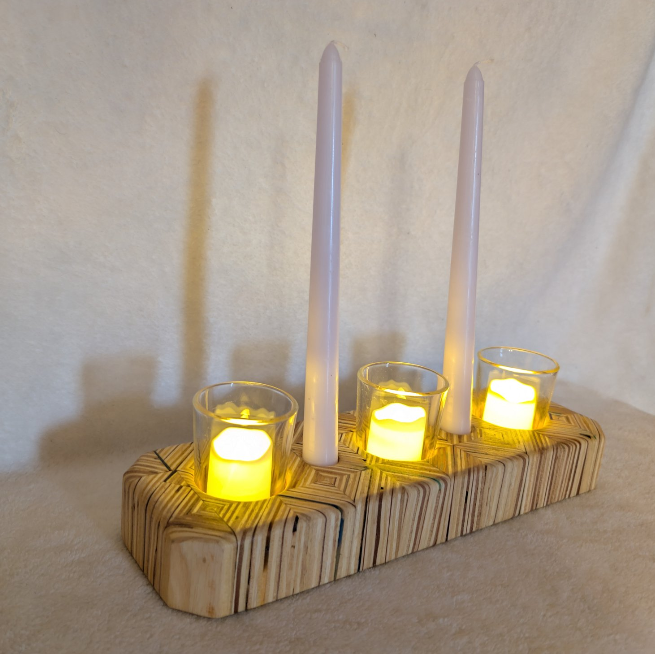 Hand crafted wooden candle holder, holds 3 votive candles and 2 candle sticks.