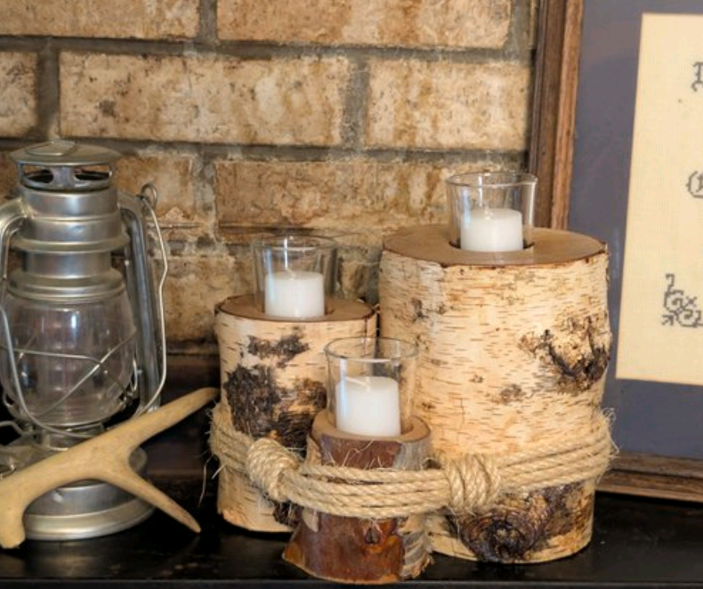 Hand crafted rustic farmhouse 3 tier log votive candle holder.