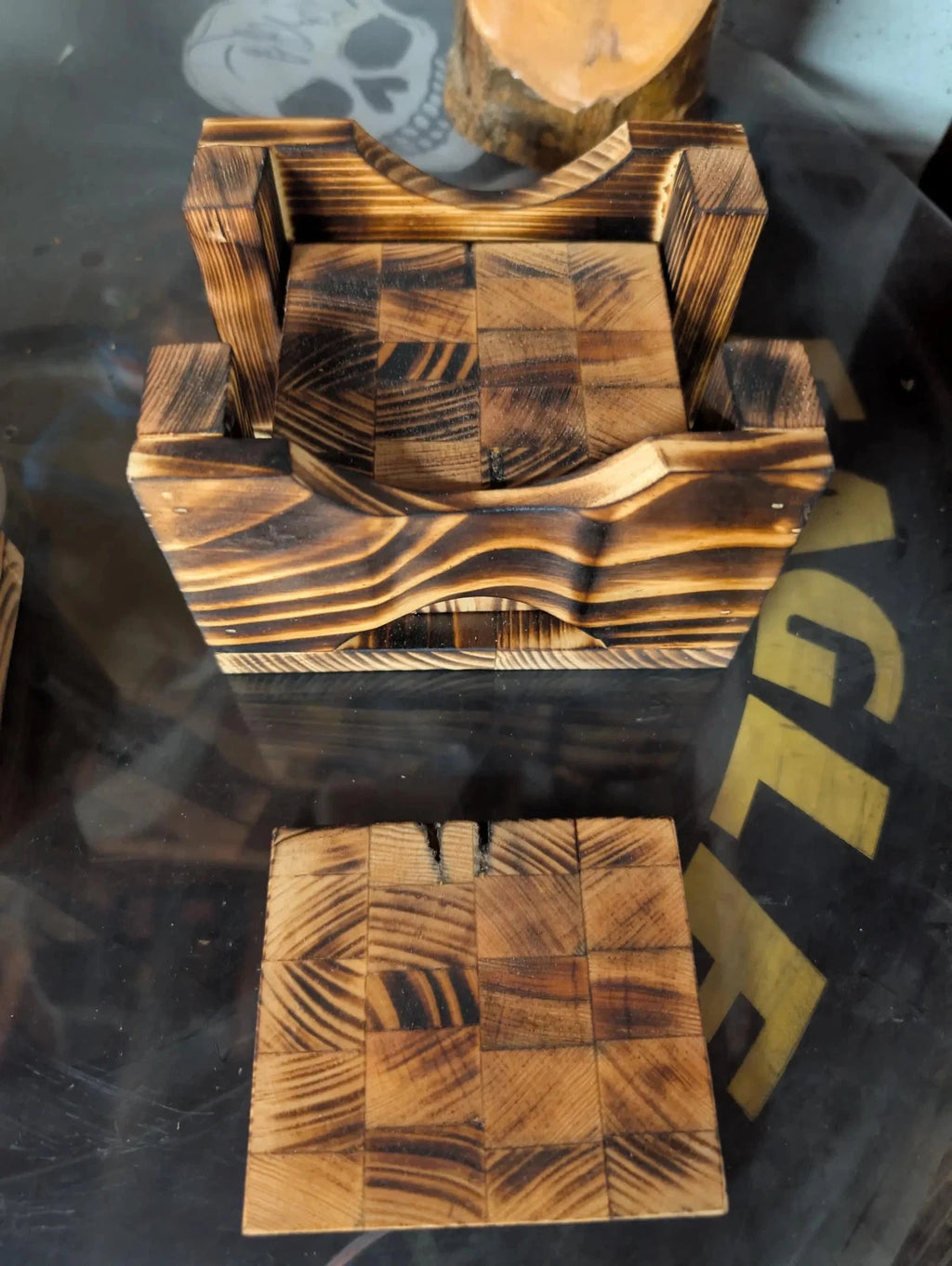 Hand Crafted Rustic Matching Set Of Regular And Shot glass Coasters With Holders