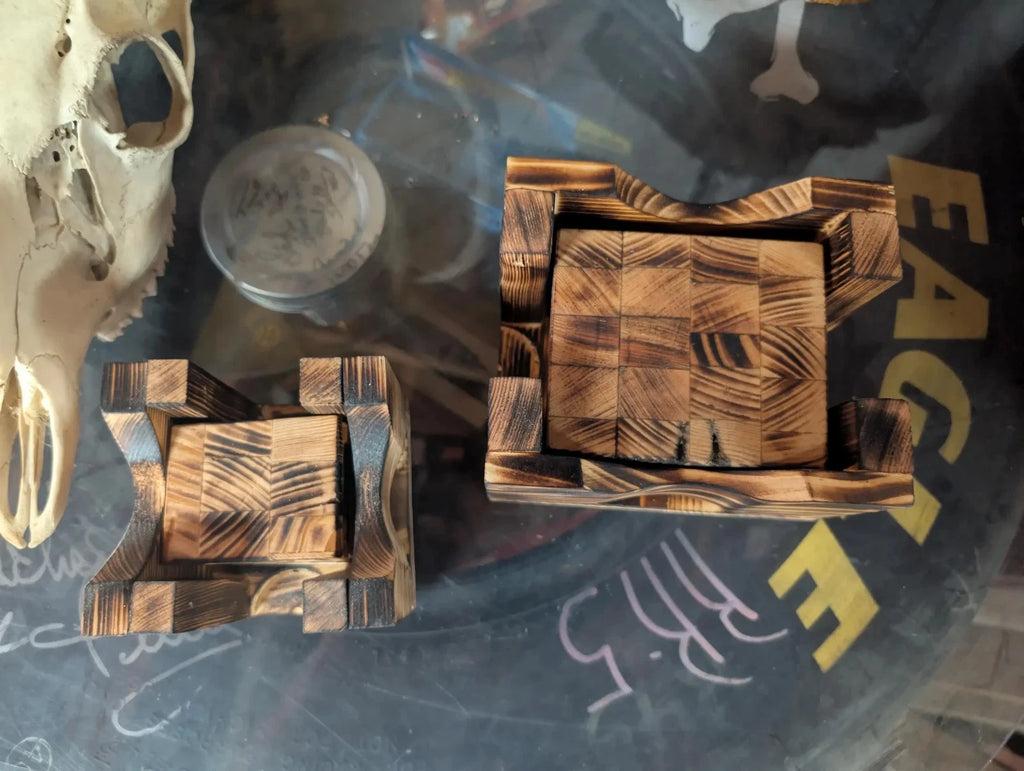 Hand Crafted Rustic Matching Set Of Regular And Shot glass Coasters With Holders
