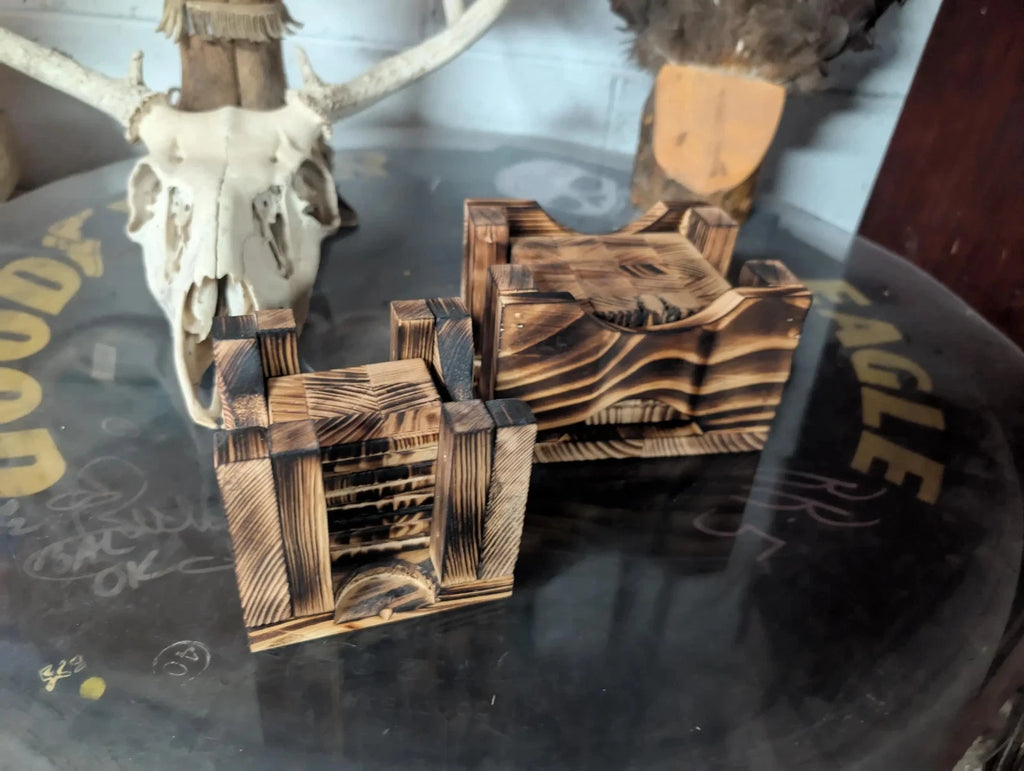 Hand Crafted Rustic Matching Set Of Regular And Shot glass Coasters With Holders