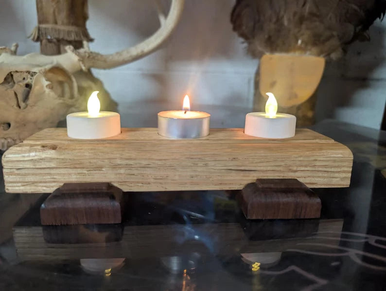 Handcrafted Reclaimed Oak and walnut 3 Tealight Candle Holder: Rustic Farmhouse Decor