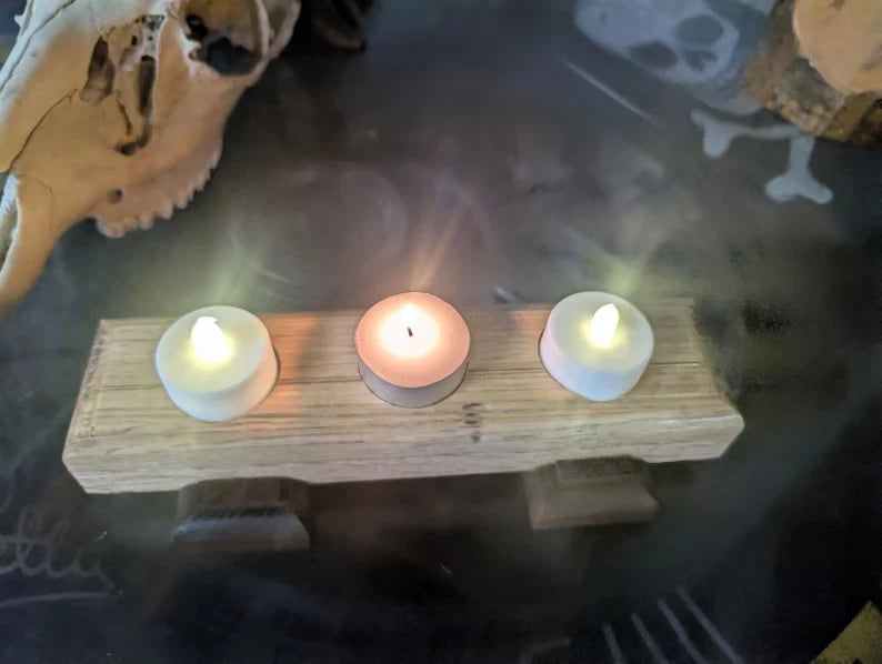 Handcrafted Reclaimed Oak and walnut 3 Tealight Candle Holder: Rustic Farmhouse Decor