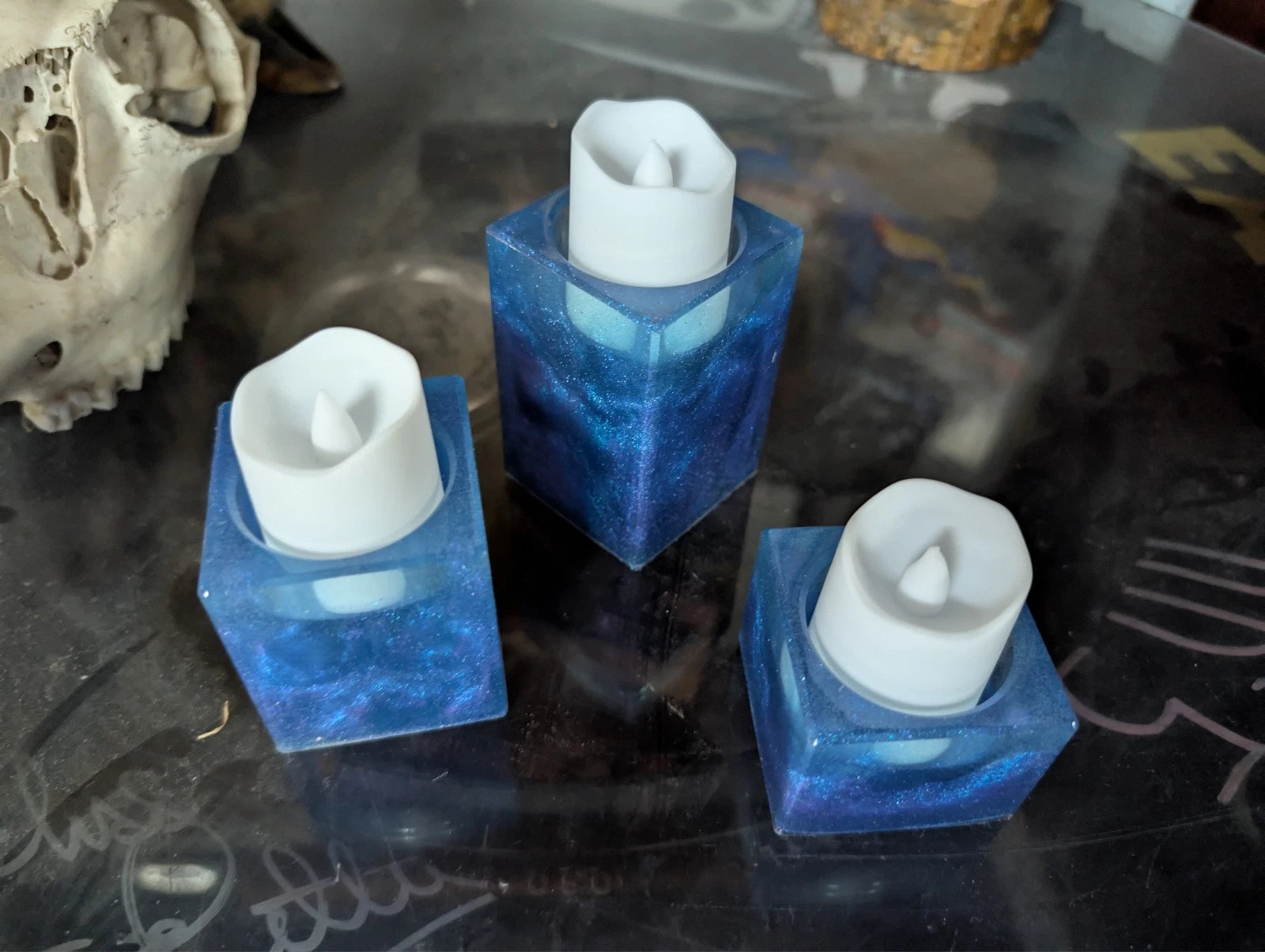 set of 3 handmade resin blue and white marbled candle holders