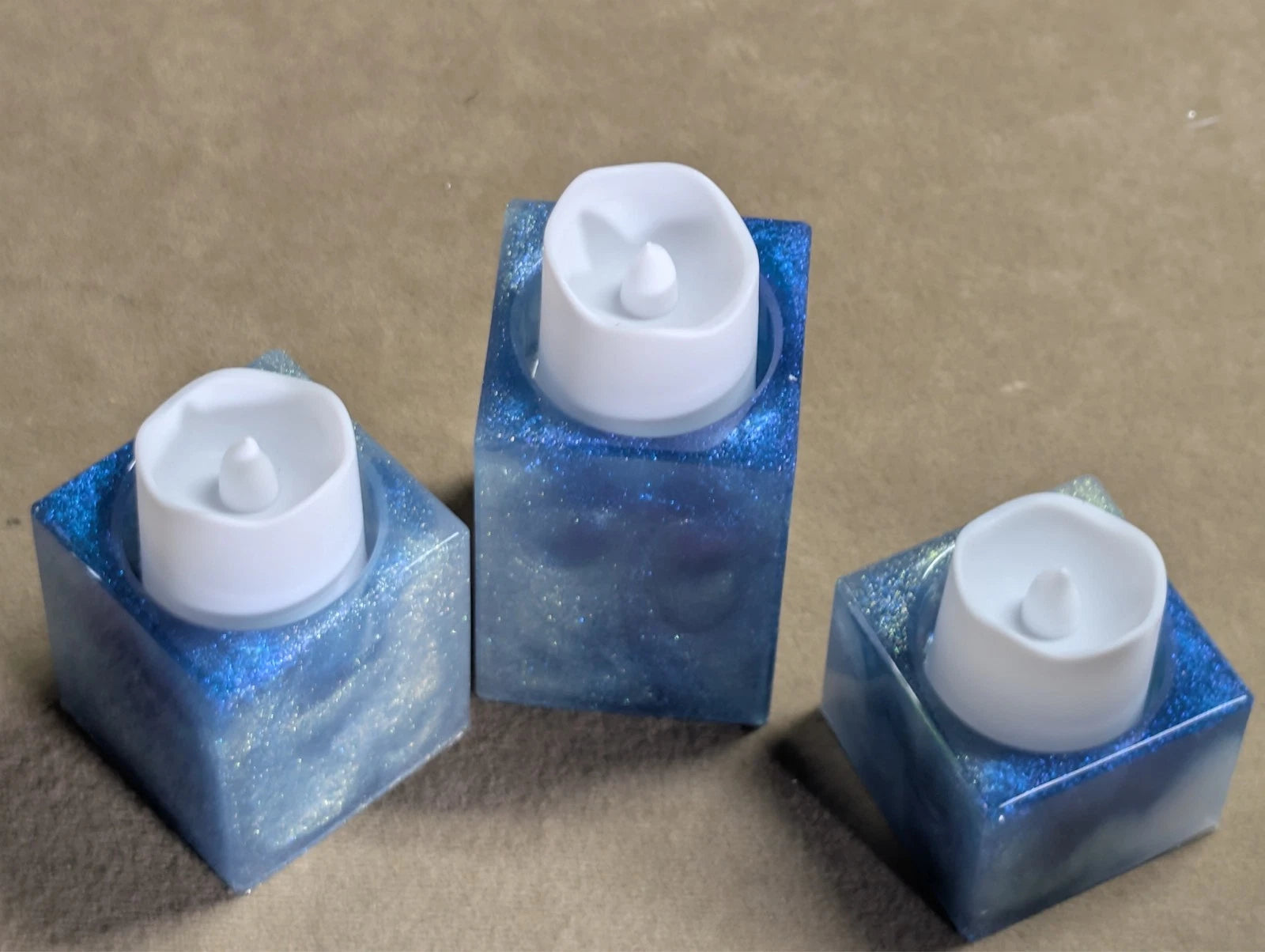 set of 3 handmade resin blue and white marbled candle holders