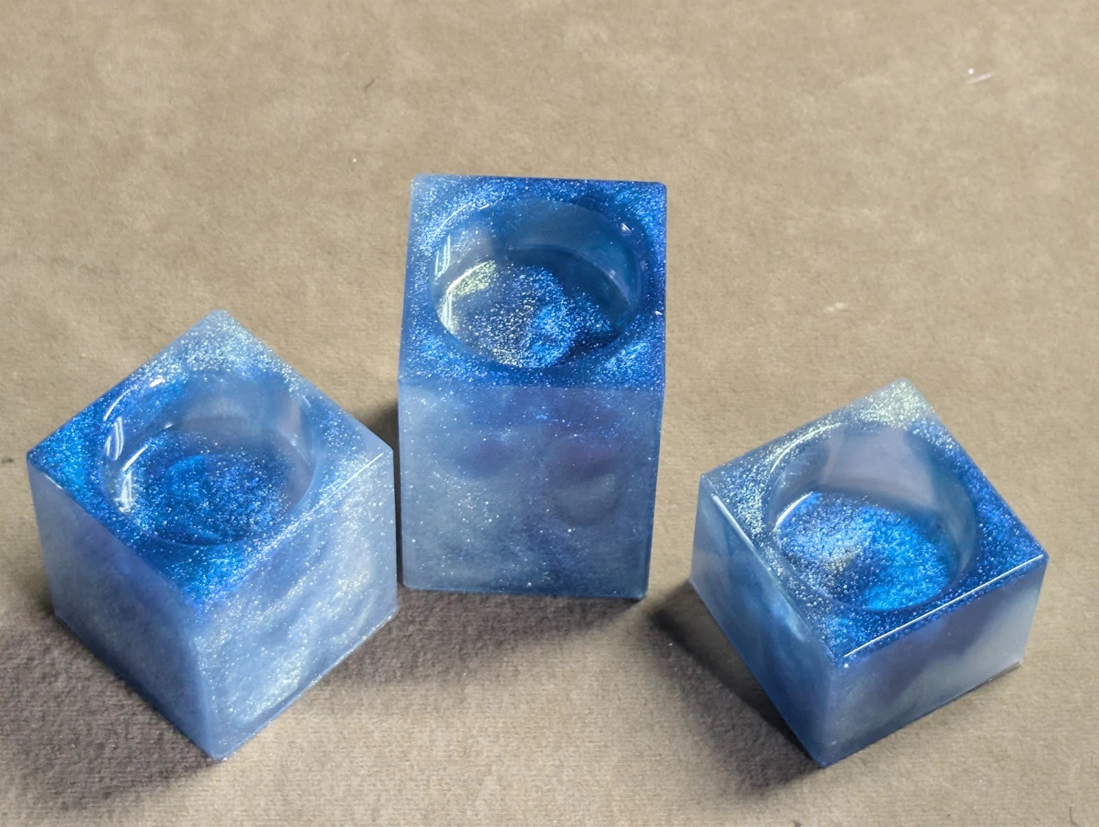 set of 3 handmade resin blue and white marbled candle holders
