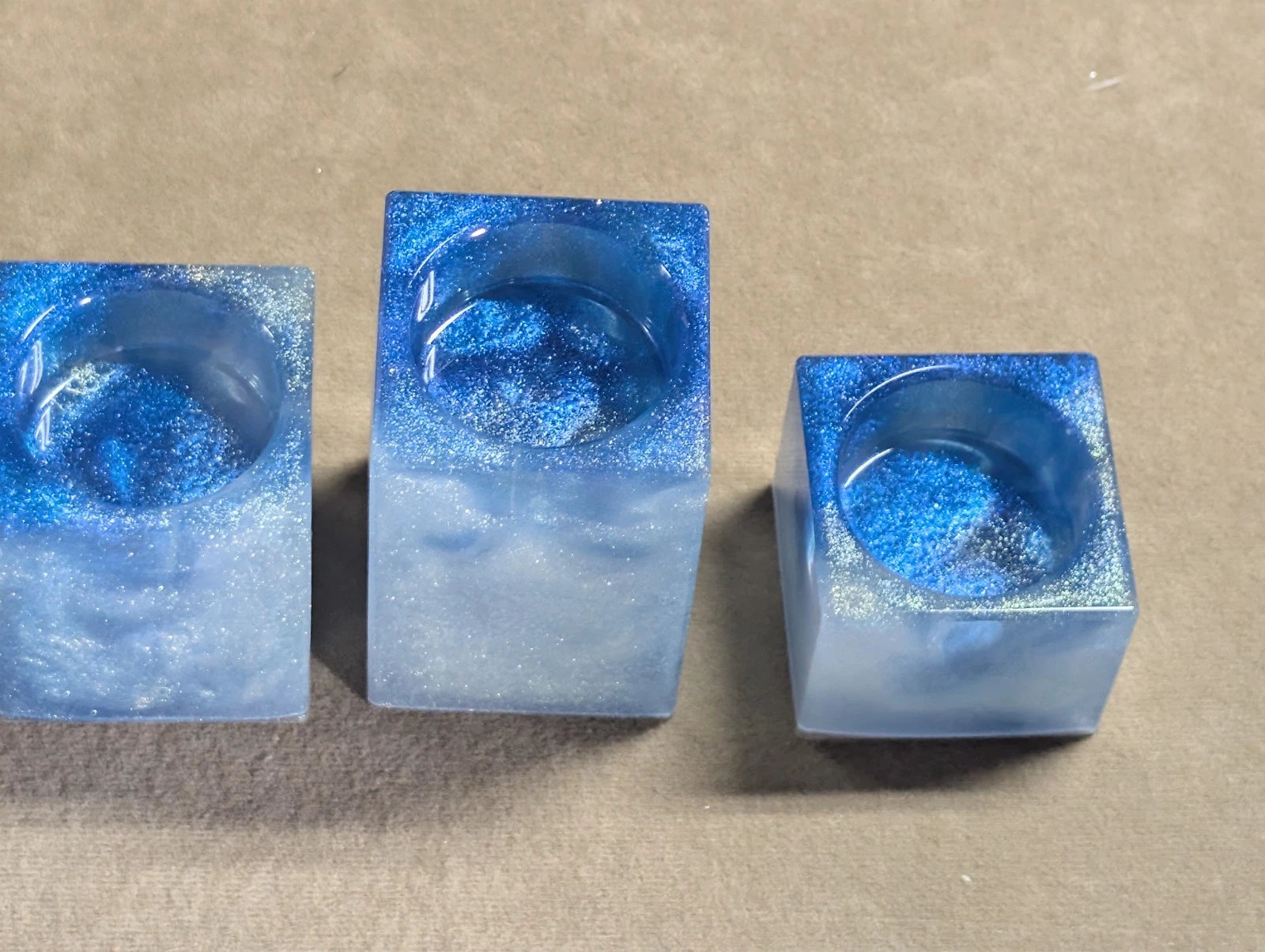 set of 3 handmade resin blue and white marbled candle holders
