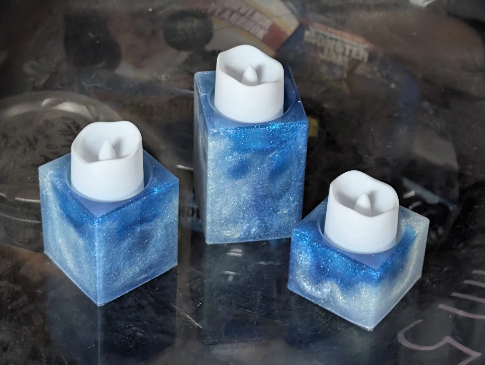 set of 3 handmade resin blue and white marbled candle holders